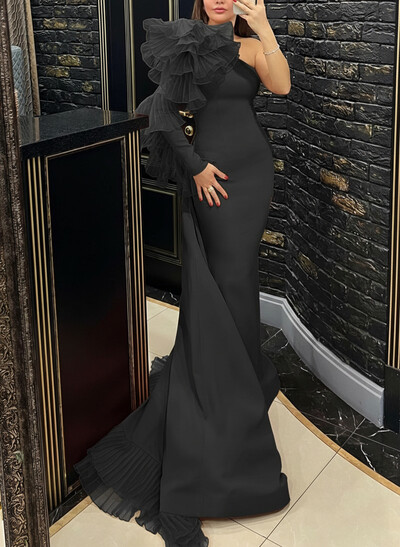 Sheath Column One-Shoulder Long Sleeves Sweep Train Elastic Satin Organza Evening Dresses With Cascading Ruffles Flower(s) Shoulder Ruffle Tiered