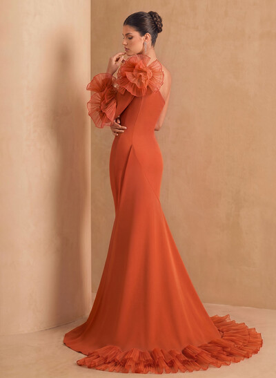Sheath Column One-Shoulder Long Sleeves Sweep Train Elastic Satin Organza Evening Dresses With Cascading Ruffles Flower(s) Shoulder Ruffle Tiered