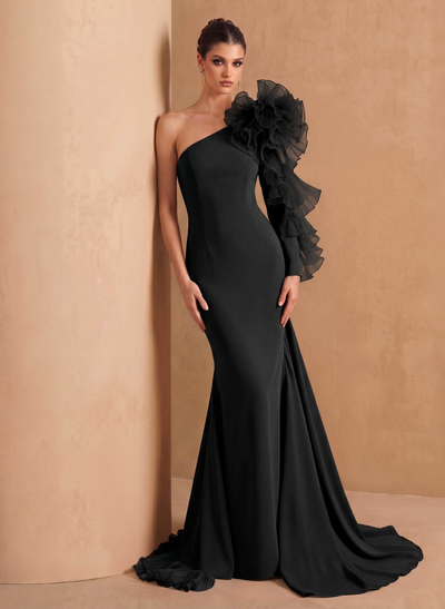 Sheath Column One-Shoulder Long Sleeves Sweep Train Elastic Satin Organza Evening Dresses With Cascading Ruffles Flower(s) Shoulder Ruffle Tiered