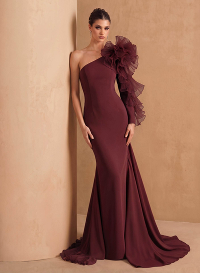 Sheath Column One-Shoulder Long Sleeves Sweep Train Elastic Satin Organza Evening Dresses With Cascading Ruffles Flower(s) Shoulder Ruffle Tiered
