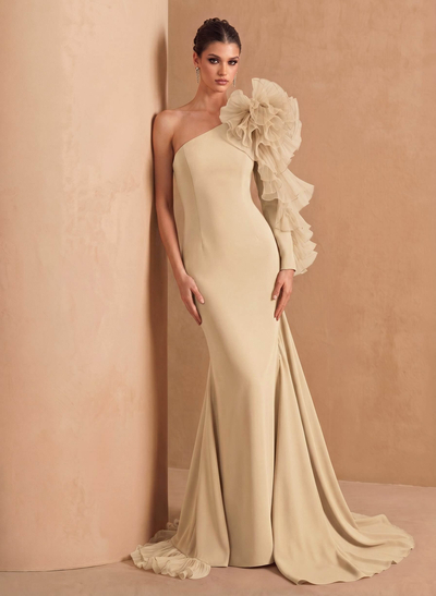 Sheath Column One-Shoulder Long Sleeves Sweep Train Elastic Satin Organza Evening Dresses With Cascading Ruffles Flower(s) Shoulder Ruffle Tiered