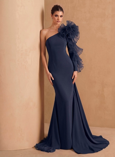 Sheath Column One-Shoulder Long Sleeves Sweep Train Elastic Satin Organza Evening Dresses With Cascading Ruffles Flower(s) Shoulder Ruffle Tiered
