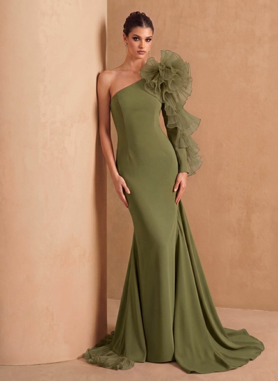 Sheath Column One-Shoulder Long Sleeves Sweep Train Elastic Satin Organza Evening Dresses With Cascading Ruffles Flower(s) Shoulder Ruffle Tiered
