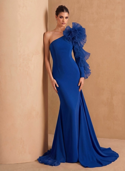 Sheath Column One-Shoulder Long Sleeves Sweep Train Elastic Satin Organza Evening Dresses With Cascading Ruffles Flower(s) Shoulder Ruffle Tiered