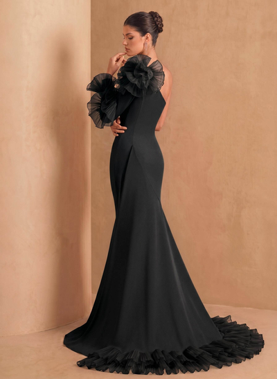 Sheath Column One-Shoulder Long Sleeves Sweep Train Elastic Satin Organza Evening Dresses With Cascading Ruffles Flower(s) Shoulder Ruffle Tiered