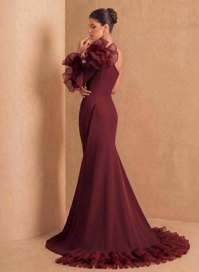 Sheath Column One-Shoulder Long Sleeves Sweep Train Elastic Satin Organza Evening Dresses With Cascading Ruffles Flower(s) Shoulder Ruffle Tiered