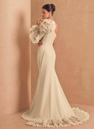 Sheath Column One-Shoulder Long Sleeves Sweep Train Elastic Satin Organza Evening Dresses With Cascading Ruffles Flower(s) Shoulder Ruffle Tiered
