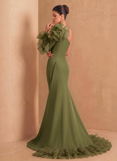 Sheath Column One-Shoulder Long Sleeves Sweep Train Elastic Satin Organza Evening Dresses With Cascading Ruffles Flower(s) Shoulder Ruffle Tiered