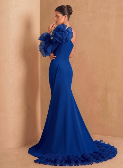 Sheath Column One-Shoulder Long Sleeves Sweep Train Elastic Satin Organza Evening Dresses With Cascading Ruffles Flower(s) Shoulder Ruffle Tiered