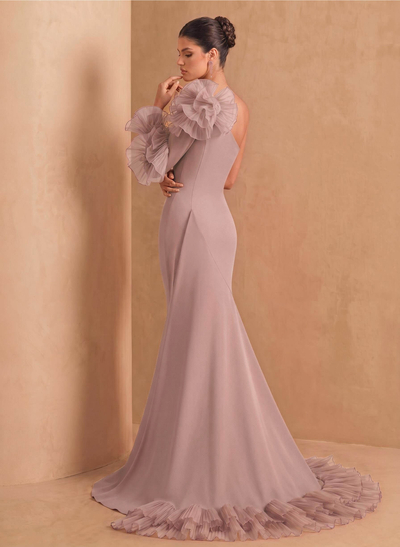Sheath Column One-Shoulder Long Sleeves Sweep Train Elastic Satin Organza Evening Dresses With Cascading Ruffles Flower(s) Shoulder Ruffle Tiered