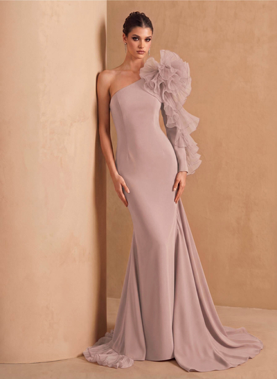 Sheath Column One-Shoulder Long Sleeves Sweep Train Elastic Satin Organza Evening Dresses With Cascading Ruffles Flower(s) Shoulder Ruffle Tiered