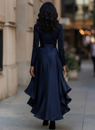 A-Line V-Neck Long Sleeves Asymmetrical Acetate Satin Evening Dresses With Ruffle