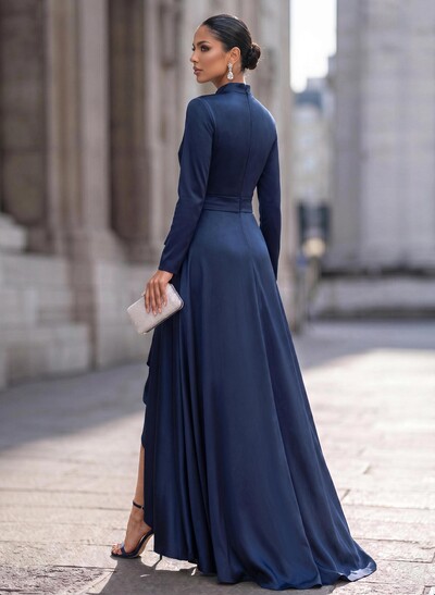 A-Line V-Neck Long Sleeves Asymmetrical Acetate Satin Evening Dresses With Ruffle