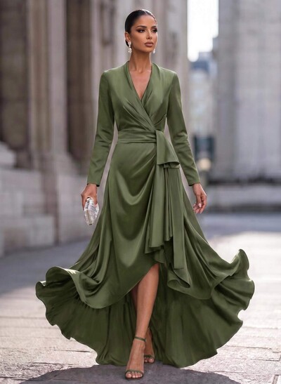 A-Line V-Neck Long Sleeves Asymmetrical Acetate Satin Evening Dresses With Ruffle