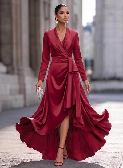 A-Line V-Neck Long Sleeves Asymmetrical Acetate Satin Evening Dresses With Ruffle