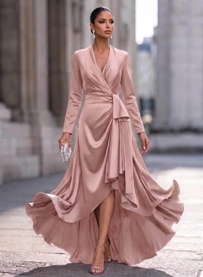 A-Line V-Neck Long Sleeves Asymmetrical Acetate Satin Evening Dresses With Ruffle