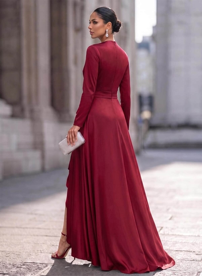 A-Line V-Neck Long Sleeves Asymmetrical Acetate Satin Evening Dresses With Ruffle
