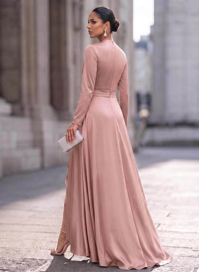 A-Line V-Neck Long Sleeves Asymmetrical Acetate Satin Evening Dresses With Ruffle