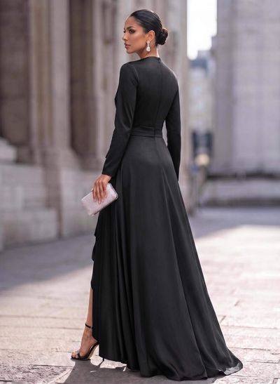 A-Line V-Neck Long Sleeves Asymmetrical Acetate Satin Evening Dresses With Ruffle