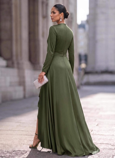A-Line V-Neck Long Sleeves Asymmetrical Acetate Satin Evening Dresses With Ruffle