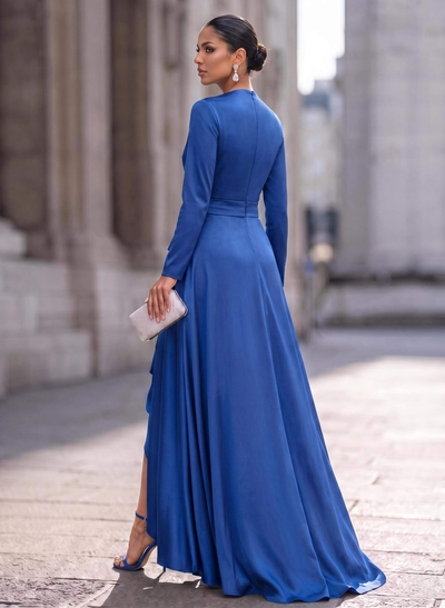 A-Line V-Neck Long Sleeves Asymmetrical Acetate Satin Evening Dresses With Ruffle