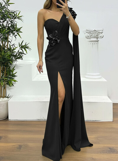 Sheath/Column One-Shoulder Cape Sleeves Elastic Satin Evening Dresses With High Split