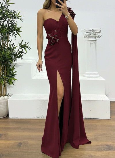 Sheath/Column One-Shoulder Cape Sleeves Elastic Satin Evening Dresses With High Split