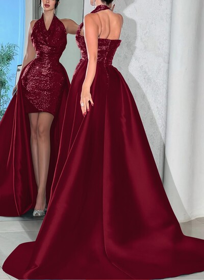 Sheath/Column Halter Sleeveless Sweep Train Satin Evening Dresses With Overskirt Dress