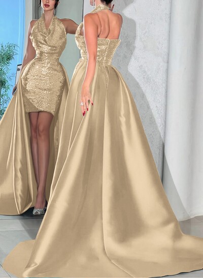 Sheath/Column Halter Sleeveless Sweep Train Satin Evening Dresses With Overskirt Dress