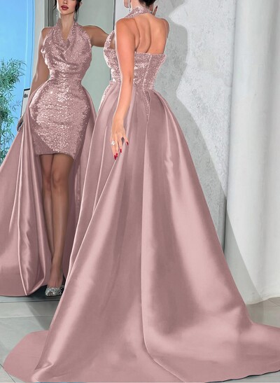 Sheath/Column Halter Sleeveless Sweep Train Satin Evening Dresses With Overskirt Dress