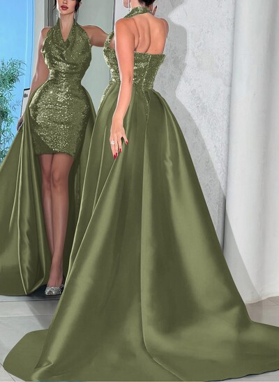 Sheath/Column Halter Sleeveless Sweep Train Satin Evening Dresses With Overskirt Dress