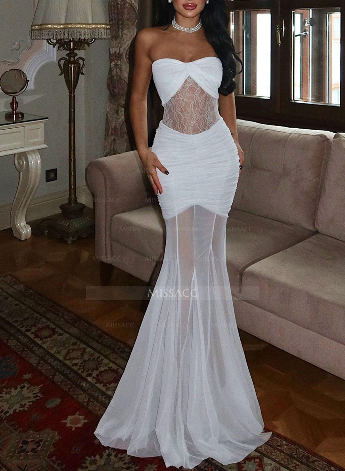 Trumpet/Mermaid Sweetheart Sleeveless Floor-Length Chiffon/Lace Evening Dresses