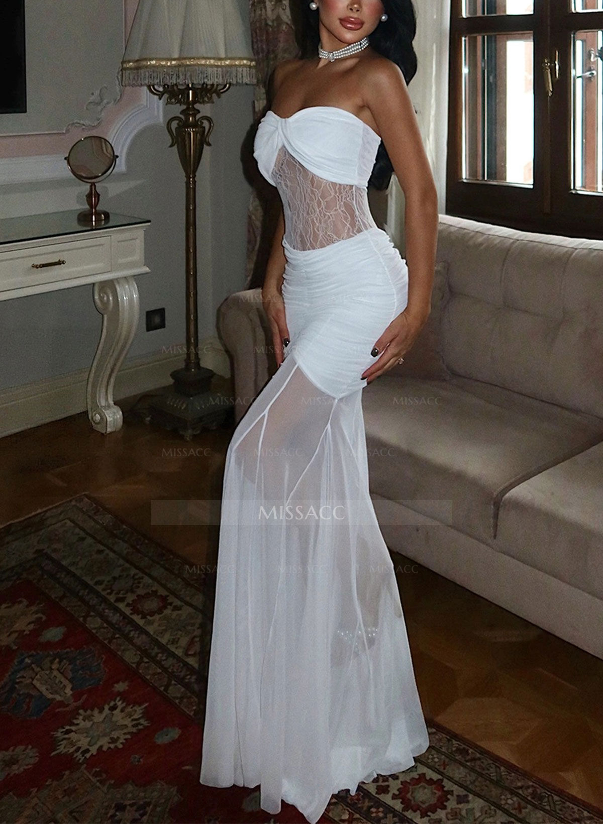 Trumpet/Mermaid Sweetheart Sleeveless Floor-Length Chiffon/Lace Evening Dresses