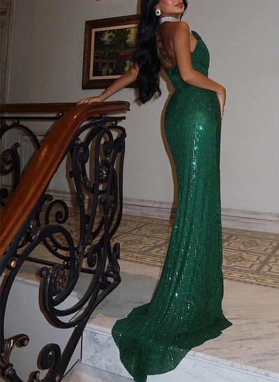 Trumpet/Mermaid Strapless Sleeveless Floor-Length Sequined Evening Dresses With High Split