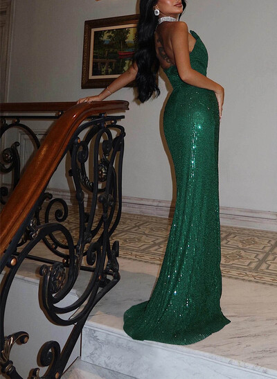 Trumpet/Mermaid Strapless Sleeveless Sweep Train Sequined Evening Dresses With High Split