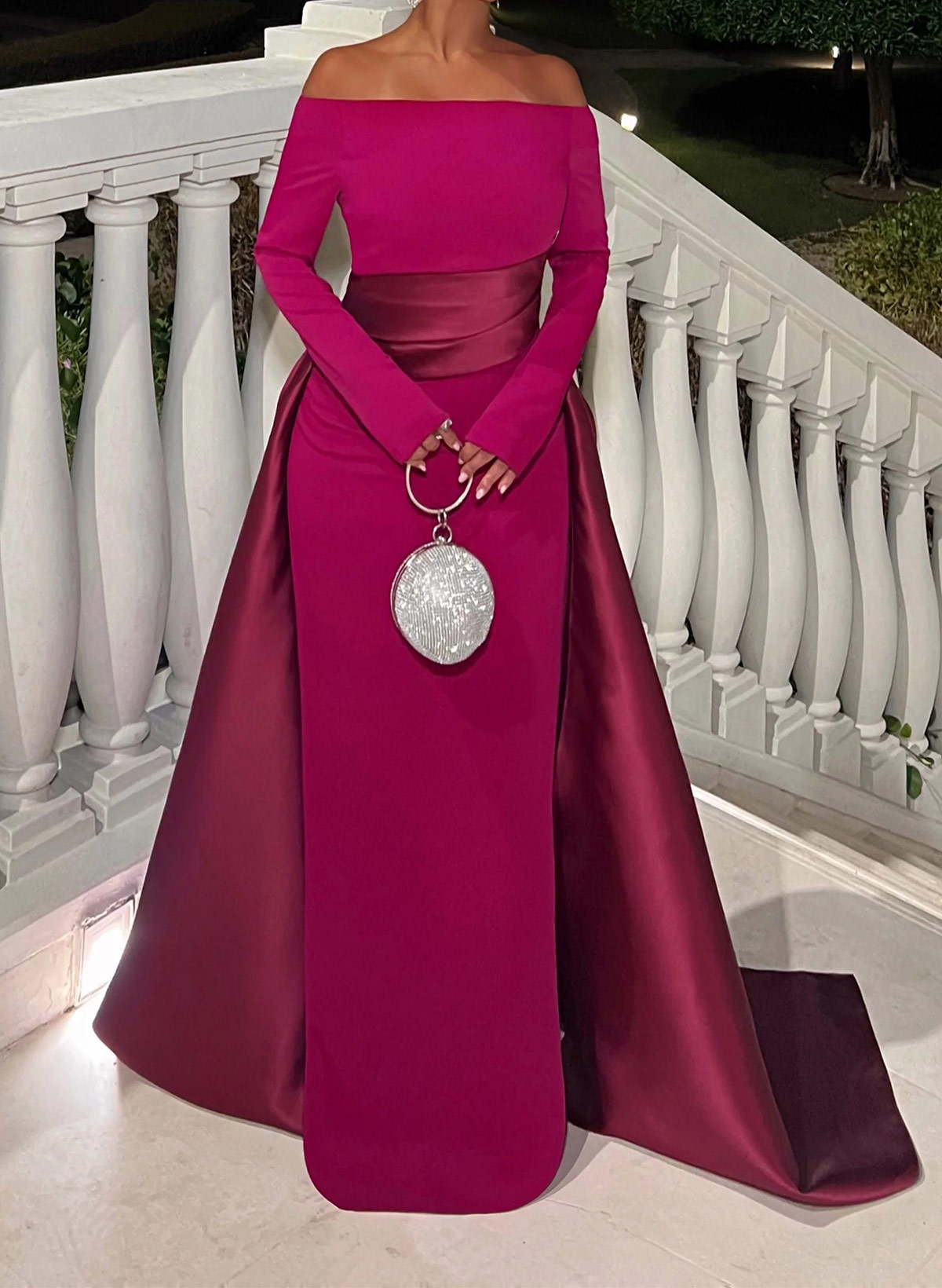 Sheath/Column Off-The-Shoulder Long Sleeves Sweep Train Evening Dresses With Overskirt Dress