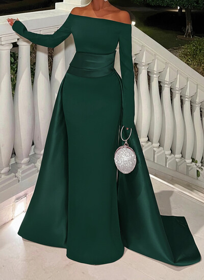 Sheath/Column Off-The-Shoulder Long Sleeves Sweep Train Evening Dresses With Overskirt Dress