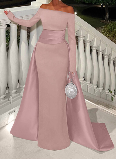 Sheath/Column Off-The-Shoulder Long Sleeves Sweep Train Evening Dresses With Overskirt Dress