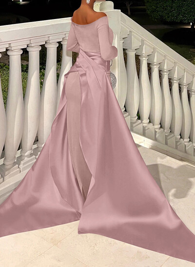 Sheath/Column Off-The-Shoulder Long Sleeves Sweep Train Evening Dresses With Overskirt Dress
