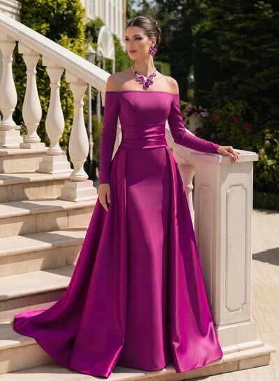 Sheath/Column Off-The-Shoulder Long Sleeves Sweep Train Evening Dresses With Overskirt Dress