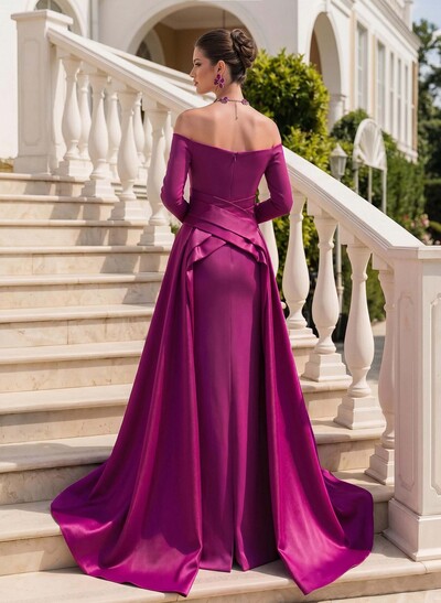Sheath/Column Off-The-Shoulder Long Sleeves Sweep Train Evening Dresses With Overskirt Dress