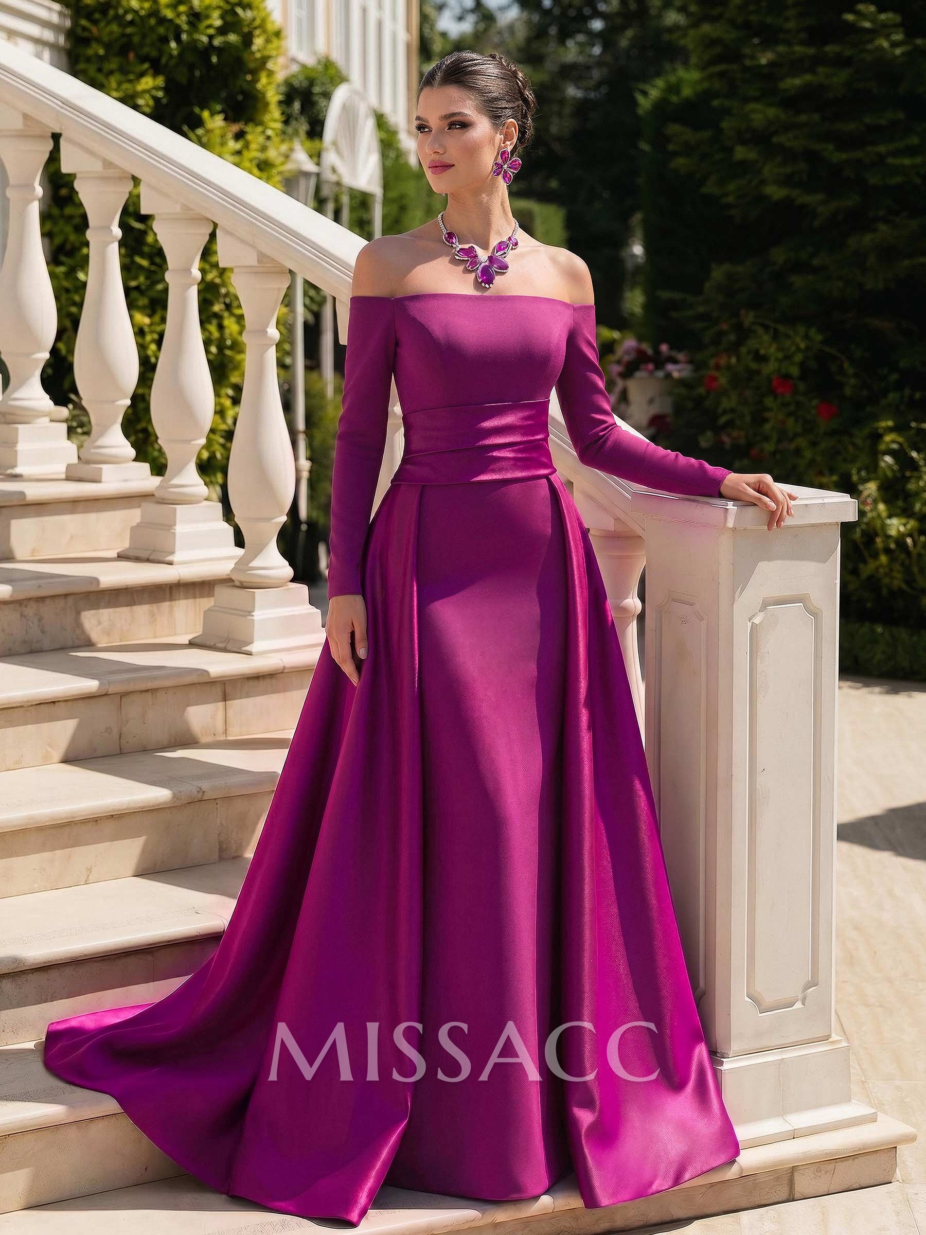 Sheath/Column Off-The-Shoulder Long Sleeves Sweep Train Evening Dresses With Overskirt Dress Sheath/Column Off-The-Shoulder Long Sleeves Sweep Train Evening Dresses With Overskirt Dress