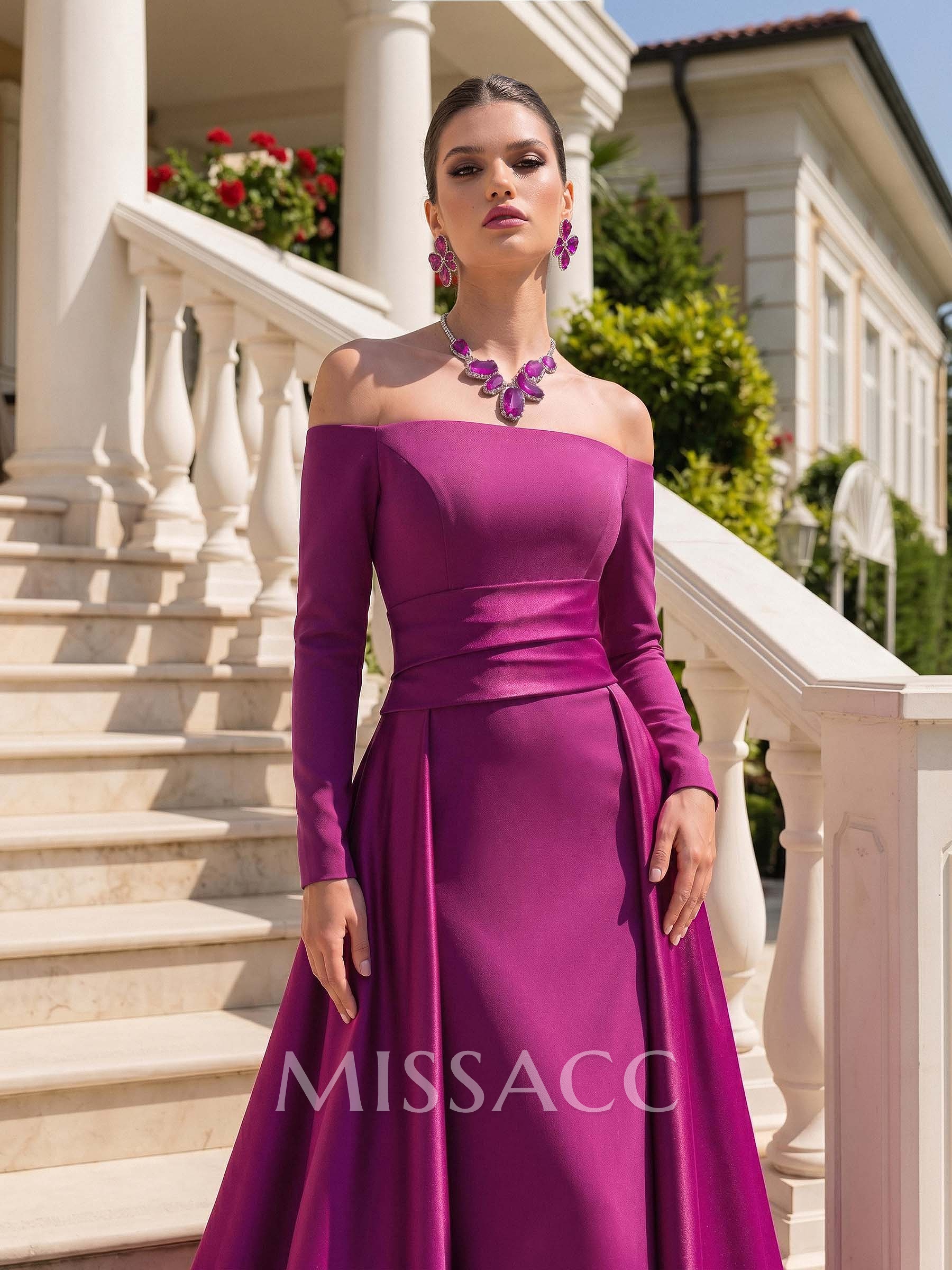 Sheath/Column Off-The-Shoulder Long Sleeves Sweep Train Evening Dresses With Overskirt Dress Sheath/Column Off-The-Shoulder Long Sleeves Sweep Train Evening Dresses With Overskirt Dress