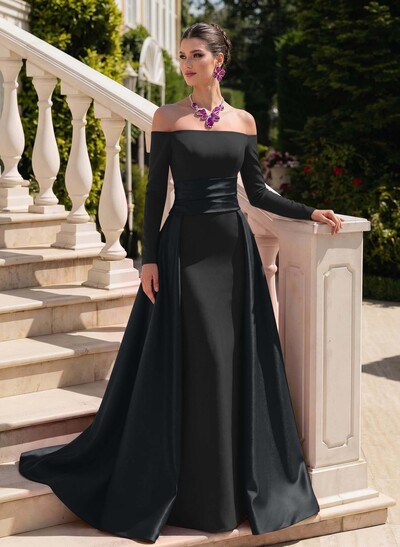 Sheath/Column Off-The-Shoulder Long Sleeves Sweep Train Evening Dresses With Overskirt Dress