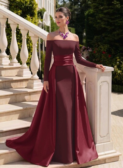 Sheath/Column Off-The-Shoulder Long Sleeves Sweep Train Evening Dresses With Overskirt Dress