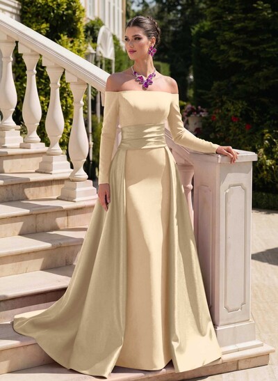 Sheath/Column Off-The-Shoulder Long Sleeves Sweep Train Evening Dresses With Overskirt Dress