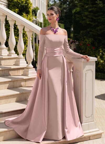 Sheath/Column Off-The-Shoulder Long Sleeves Sweep Train Evening Dresses With Overskirt Dress