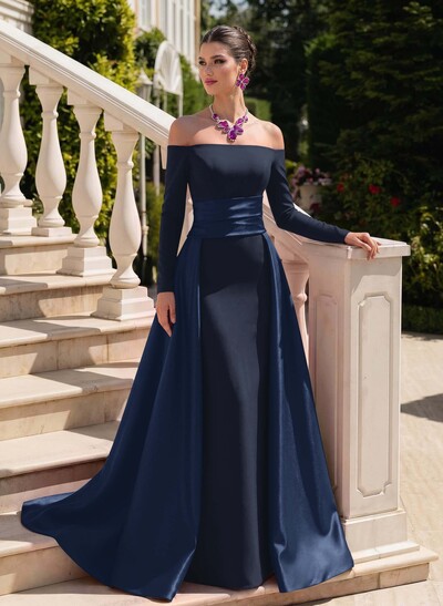 Sheath/Column Off-The-Shoulder Long Sleeves Sweep Train Evening Dresses With Overskirt Dress