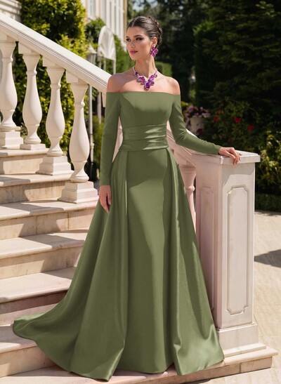 Sheath/Column Off-The-Shoulder Long Sleeves Sweep Train Evening Dresses With Overskirt Dress