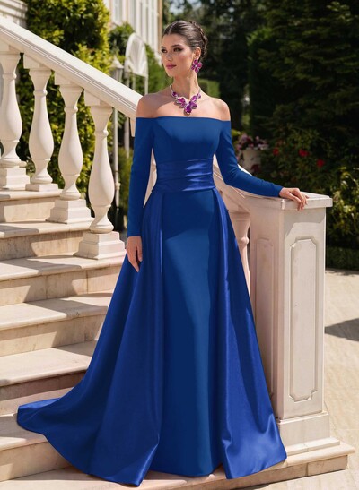 Sheath/Column Off-The-Shoulder Long Sleeves Sweep Train Evening Dresses With Overskirt Dress